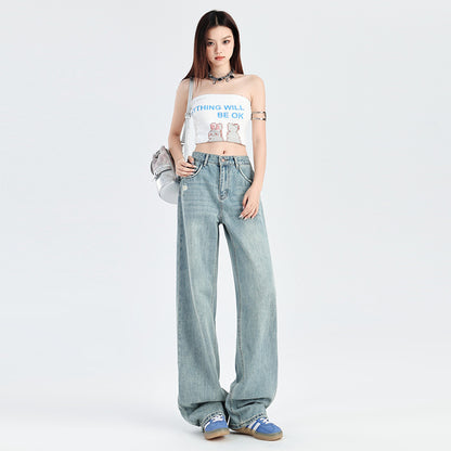 2025 Cement gray jeans women's autumn popular new high waist thin ripped straight narrow version mopping small pants