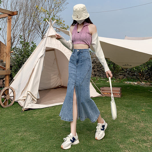 2025 Blue split-ended denim skirt women's popular new high-waisted and thin Spice Girl fishtail medium and long hip-wrapped skirt