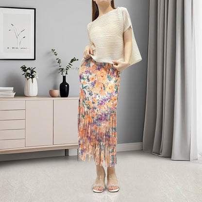 hot-selling suit women's two-piece set summer temperament commuter short-sleeved T-shirt printed fringed hip skirt