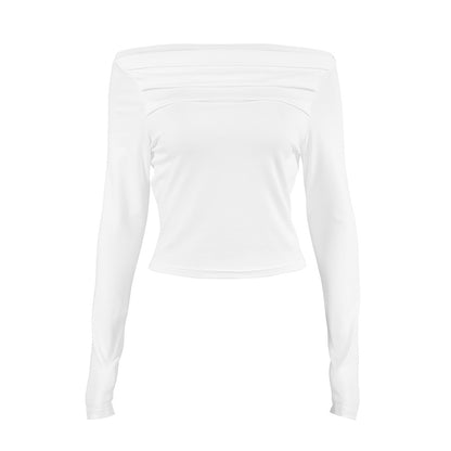 2025 Autumn sexy temperament irregular collar long-sleeved knitted women's T-shirt white niche slim-fit short top