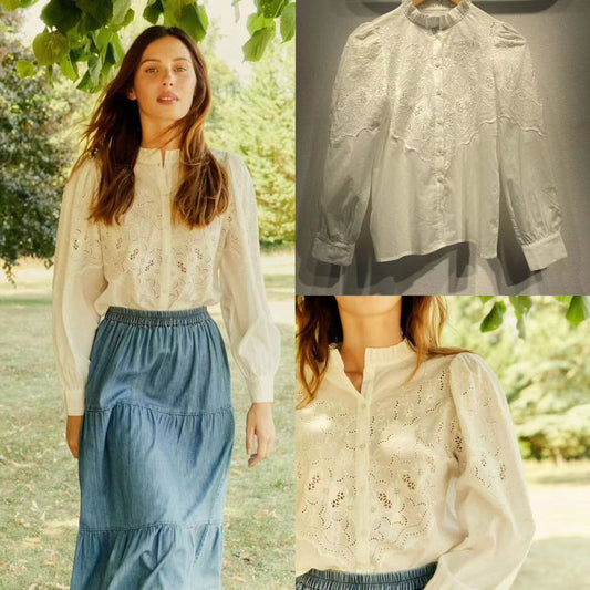 2025 literary shirt popular new hollow daisy embroidered cotton lace collar bubble sleeve shirt women 31514