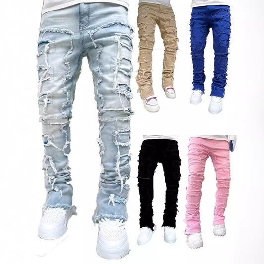 2025 Cross-border new men's denim straight pants, 2025 street fashion ins popular elastic sticker denim straight pants