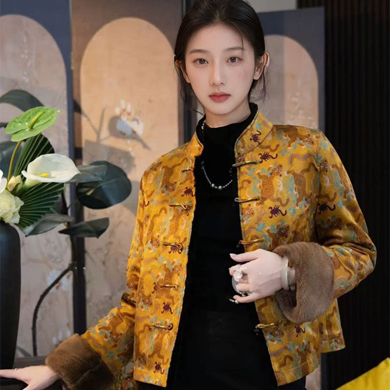 new autumn and winter new Chinese embroidered top femininity improved buckle double-sided wearing silk jacket MX139
