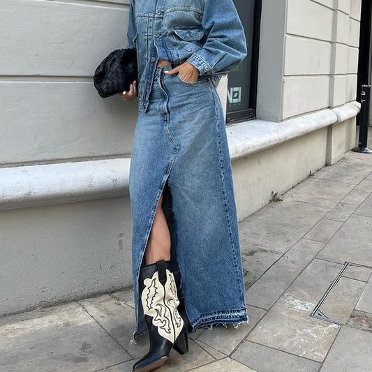 qgtao 2024 fall fashion trends Commuter High Waist Slimming Split Blue Denim Skirt Long Skirt Retro Distressed Sheath Skirt