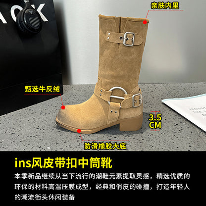 2025 Leather Cow Velvet Wasteland Boots Merad Western Cowboy Boots Khaki Belt Buckle Pile Boots