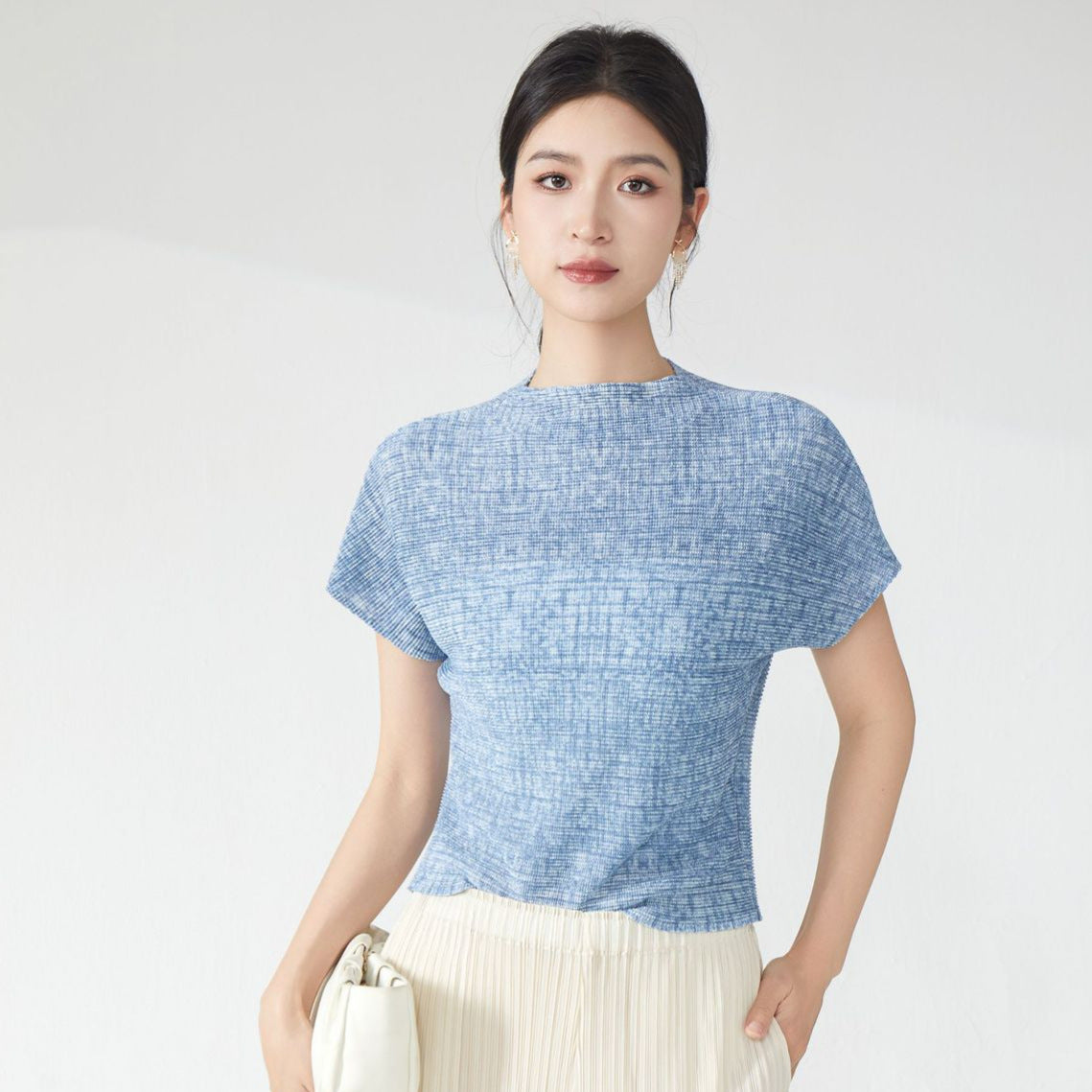 Summer clothes women's new t-shirt loose and thin high-end pullover commuter versatile pleated short-sleeved T-shirt
