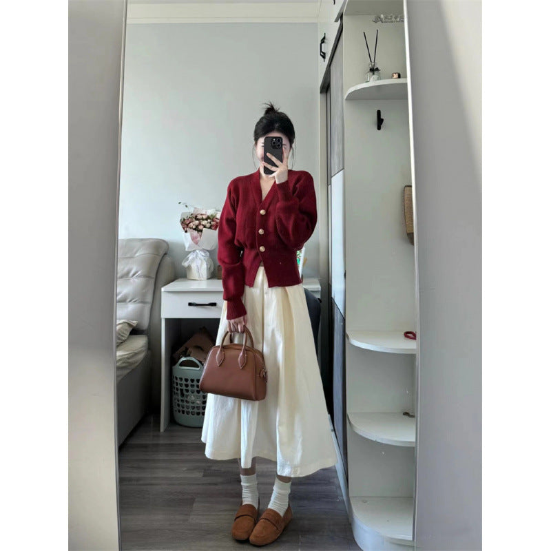Temperament red collar long-sleeved knitted sweater women's autumn new  high-waisted skirt fashion suit women's trend