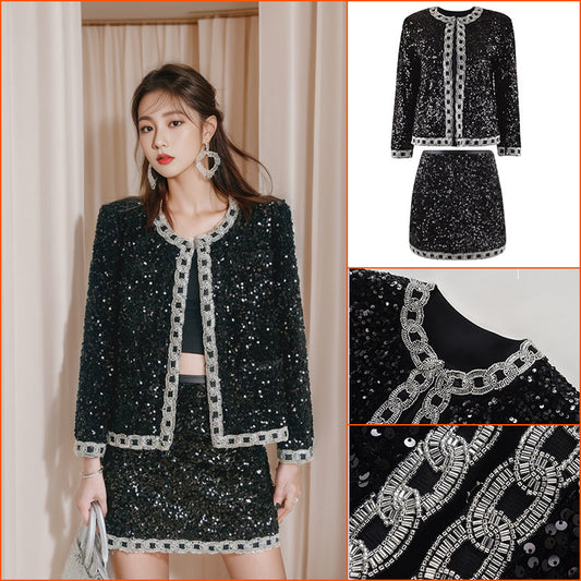 Xiaoxiang celebrity style black short coat women's autumn and winter new design sense sequined tweed jacket top K9007