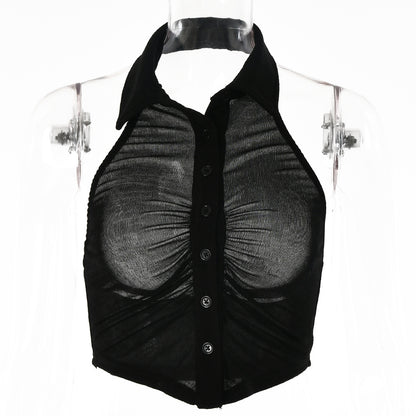 2025  women's clothing  summer new sleeveless top simple design sexy backless single-breasted small lapel shirt women