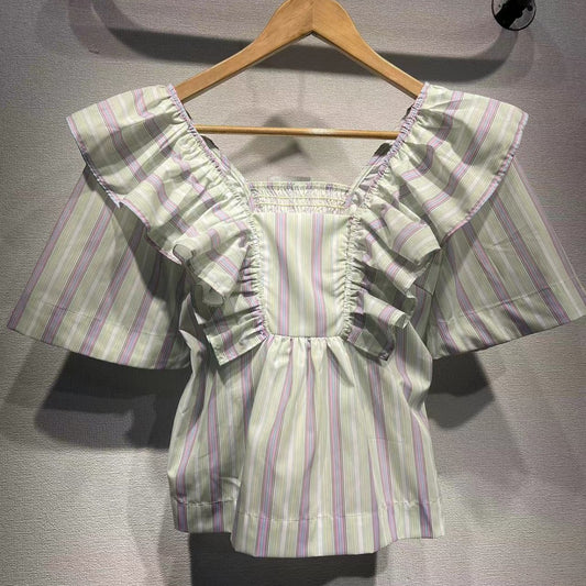 2025 GA Home Fresh and Sweet Striped Lotus Leaf Edge Square Neck Short Sleeve Cotton Shirt Cute Doll Neck Shirt Women's Premium Sense