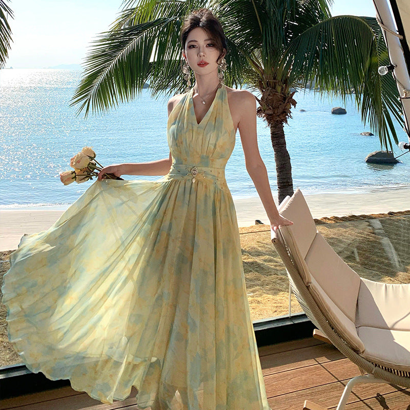 2025 women's clothing high-end coffee break skirt temperament lace-up smudge oil painting print dress beautiful Spice Girl princess dress
