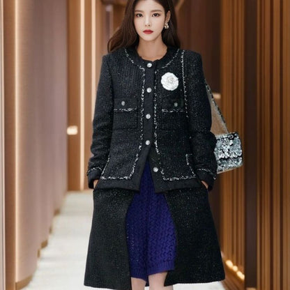 Hepburn style medium and long woolen coat women's autumn and winter women's clothing design sense bright silk tweed coat K6072