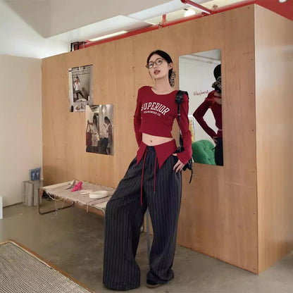 qgtao 2000s fashion 2024 New Korean Style Long-Sleeved T-shirt Bottoming Shirt Letter Printed Top Striped Casual Pants Two-Piece Set for Women