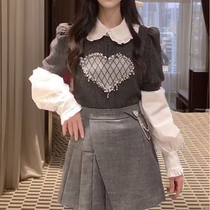 Small Gentle Wind Skinny Sweater Bottom Shirt Irregular High Waist Pleated Skirt Winter Women's Clothing Set Two-piece Set