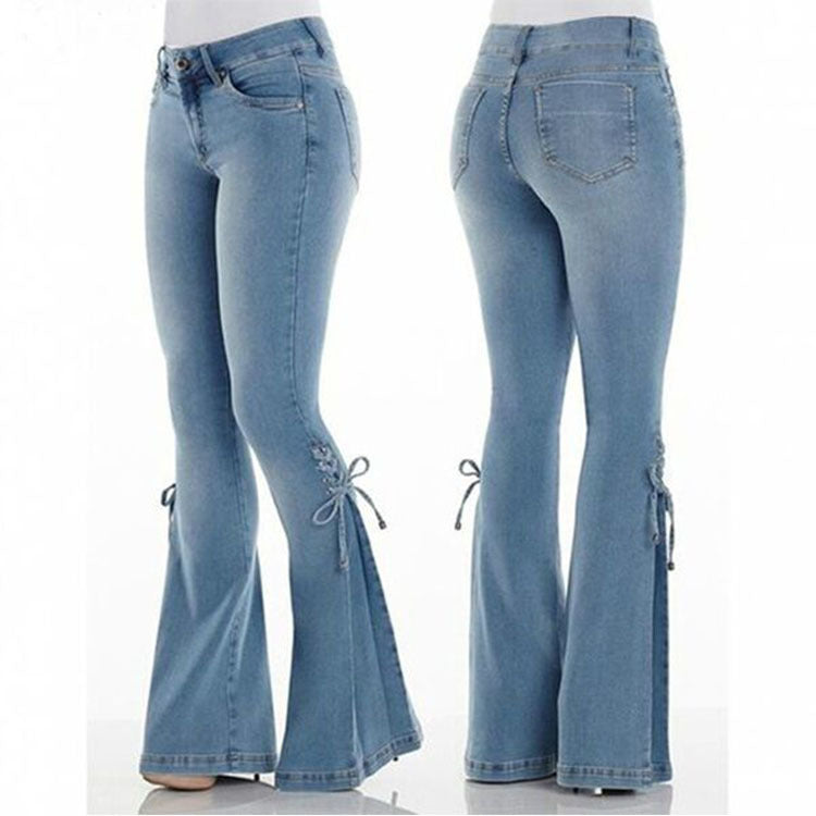 qgtao dream clothes Women's Jeans Mid-Waist Lace-up Denim Trousers Stretch Jeans Women's Flared Pants