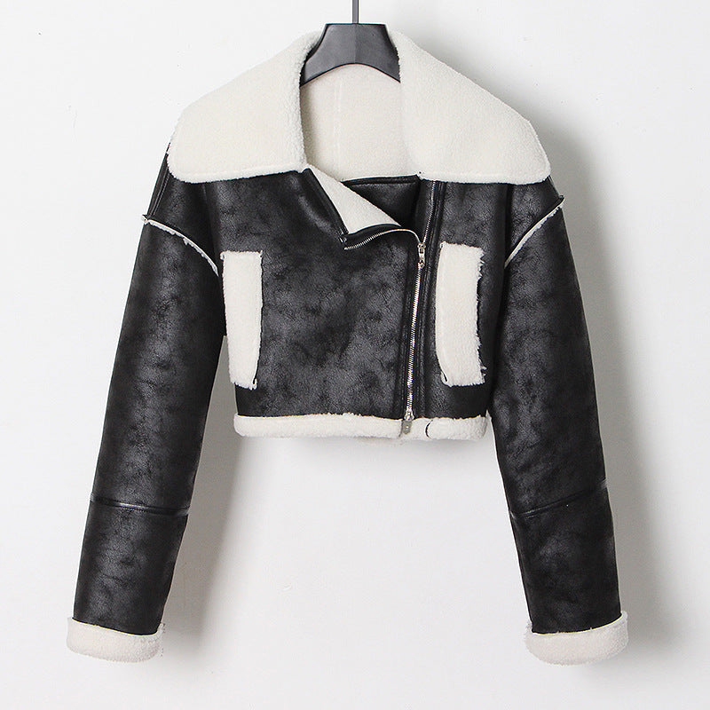 qgtao dti outfits Fashionable Short Woolen Coat 2024 Spring New Lapel Long Sleeve Zipper Women's Warm Lamb Wool Top