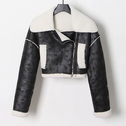 qgtao dti outfits Fashionable Short Woolen Coat 2024 Spring New Lapel Long Sleeve Zipper Women's Warm Lamb Wool Top