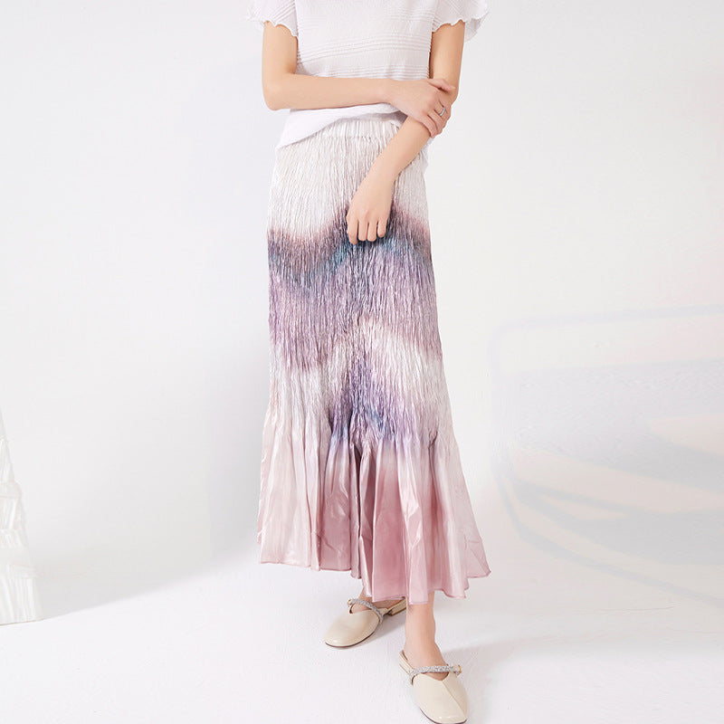 Folded skirt women's summer new spot wholesale high waist three house gradual change fishtail skirt swing long pleated skirt