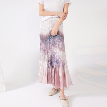 Folded skirt women's summer new spot wholesale high waist three house gradual change fishtail skirt swing long pleated skirt