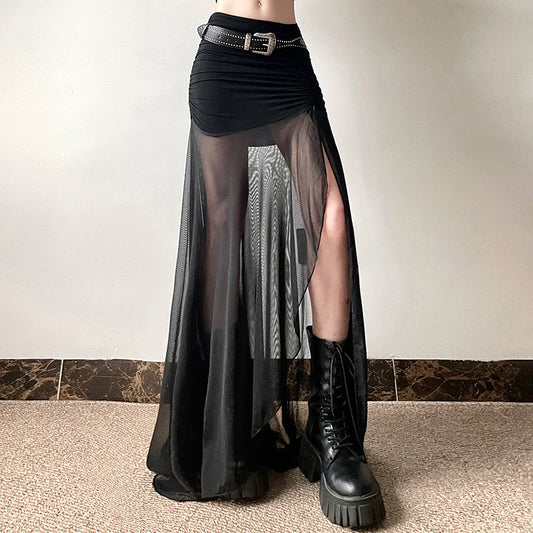 2025 style popular summer new women's clothing sexy fashion black mesh transparent slit skirt skirt