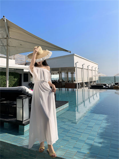 2025 Fairy beautiful one-word shoulder purple beach dress chiffon drape seaside vacation dopamine dress super fairy wear