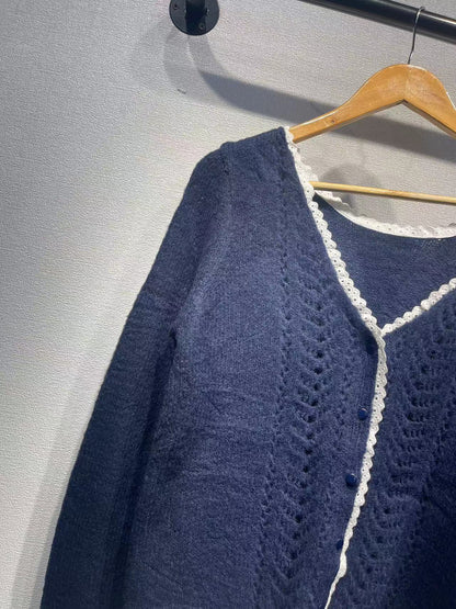 2025 new retro lace V-neck mohair blend long-sleeved knitted cardigan jacket lazy wind sweater jacket