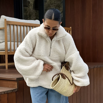 2025 Autumn and winter personalized fashion beige knitted casual lamb wool small stand-up collar lantern sleeve New plush loose sweater women