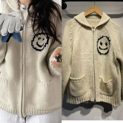 2025 Sports and leisure jacket loose high-end college style loose color matching smiley face zipper wool knitted cardigan jacket