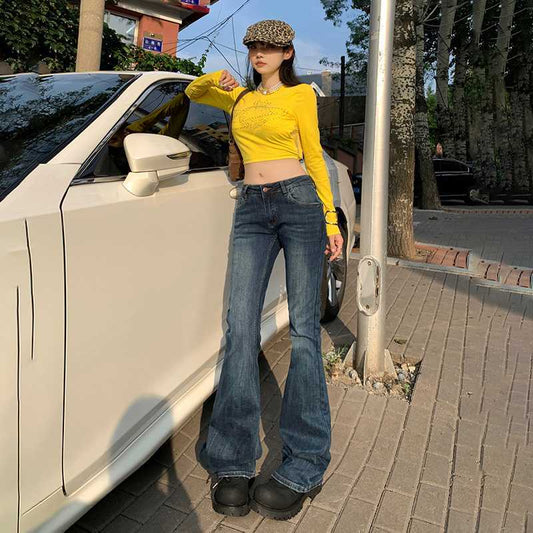 qgtao 2000s fashion American Retro Low Waist Hot Girl Flared Pants Slim Slimming Stretch Jeans Women's Autumn and Winter Trousers Lengthened