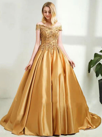 2025Express  new applique beaded ball dress one-word shoulder student art exam evening dress