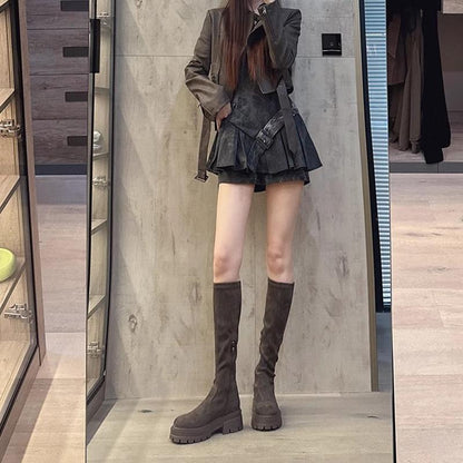2025  But knee suede boots children thick-soled autumn and winter new thin elastic long tube thin boots flat knight boots