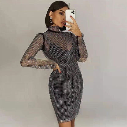 qgtao avant garde dress to impress Sexy Turtleneck Hot Drilling AB Color Diamond Shiny Perspective Grid Dress New Party Dress