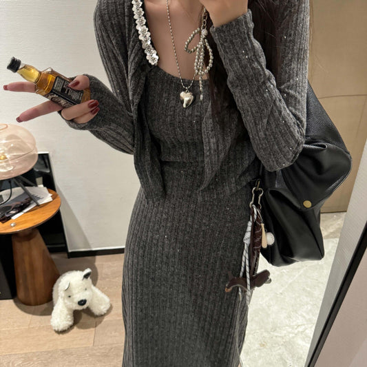 qgtao genderless fashion D8 Autumn New Korean Style Beaded Sequin Stitching Cardigan + Sling Dress Long Dress Two-Piece Set Lazy Suit Women