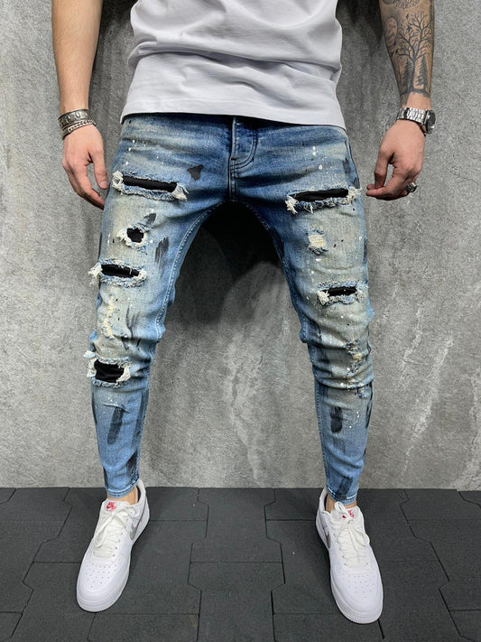 2025 Wish 2025 new men's slim-fitting ripped pants new men's paint denim men's pants factory direct sales