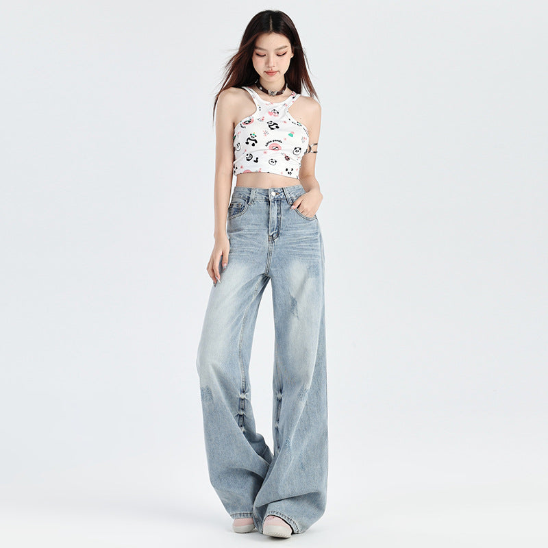 2025 Ripped Lazy Wind Jeans Women's Spring and Autumn popular New Skinny High Waist Small Straight Mopping Wide Leg Pants