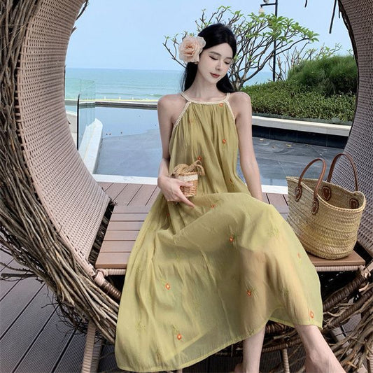 2025 temperament coffee break dress super fairy high-end neck embroidery suspender dress women's summer vacation thin beach dress