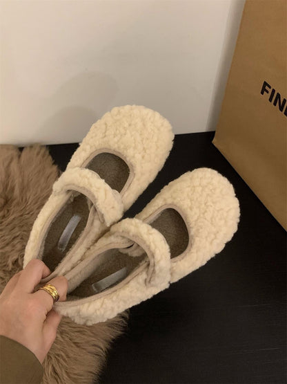 2025  Flat-bottomed white curly wool shoes women's shoes wear popular new versatile autumn and winter Velcro Doudou single shoes