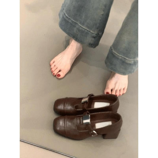 2025  Vintage Mary Jane shoes  square head with single shoes commuting thick heel loafers small leather shoes women