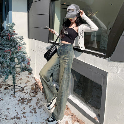 2025 Salt fried street pants nostalgic blue jeans women's high waist and thin design sense small wide leg floor pants