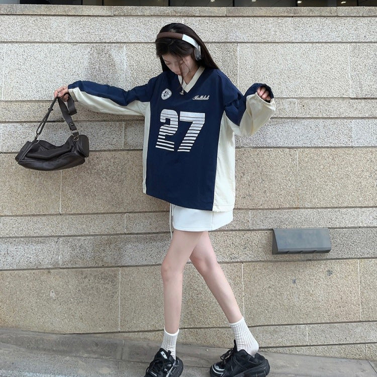 qgtao  clothing styles Street V-neck American Sports Contrast Color Sweater Spring and Autumn Women's Gray Stitching Letter Printed Elastic Top