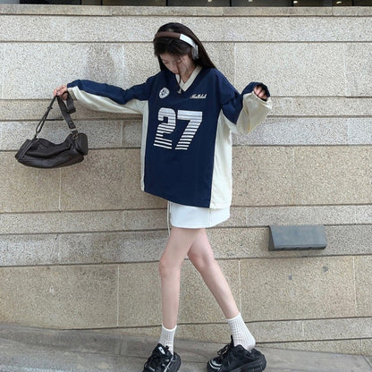 qgtao  clothing styles Street V-neck American Sports Contrast Color Sweater Spring and Autumn Women's Gray Stitching Letter Printed Elastic Top