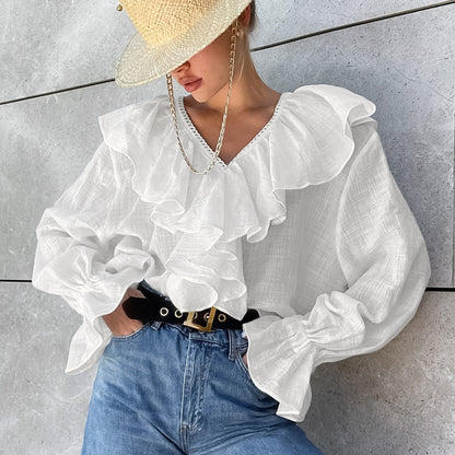 2025 popular  pure cotton lace fashionable and sexy V-neck shoulder sleeves autumn and winter retro niche ruffle edge women's shirt