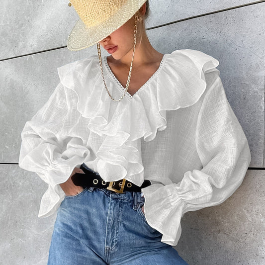 2025 popular  pure cotton lace fashionable and sexy V-neck shoulder sleeves autumn and winter retro niche ruffle edge women's shirt