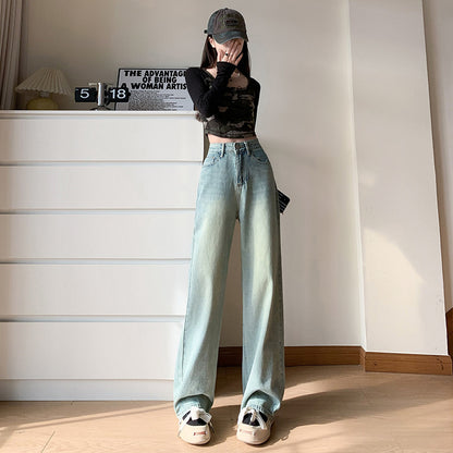 2025 Light-colored jeans women's spring and autumn popular new high-waisted loose straight-leg small narrow version mopping wide-leg pants