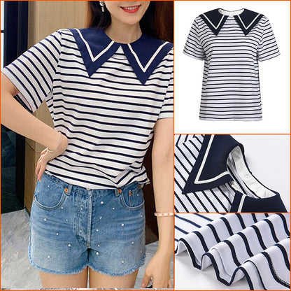 Summer Women's Solid Color Doll Collar Short Sleeve Cotton T-Shirt Women's Summer Loose Stripe Spice Girl Short Top Women's
