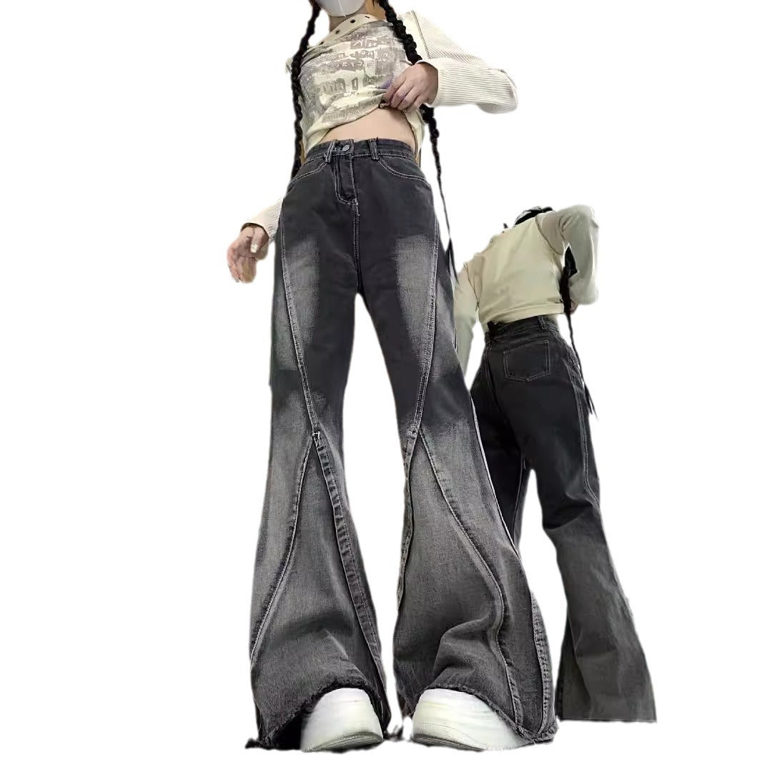 qgtao concert outfit High Street Black and Gray Fashionable Gradient Jeans Men's and Women's American Retro Niche Mid-Waist Frayed Flared Pants