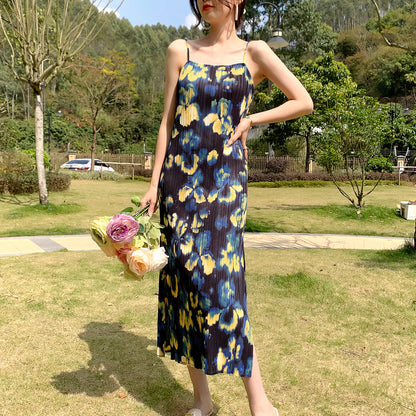 Internet celebrity hot sale suspender skirt women's summer cool breathable printing temperament elegant split fork holiday style dress