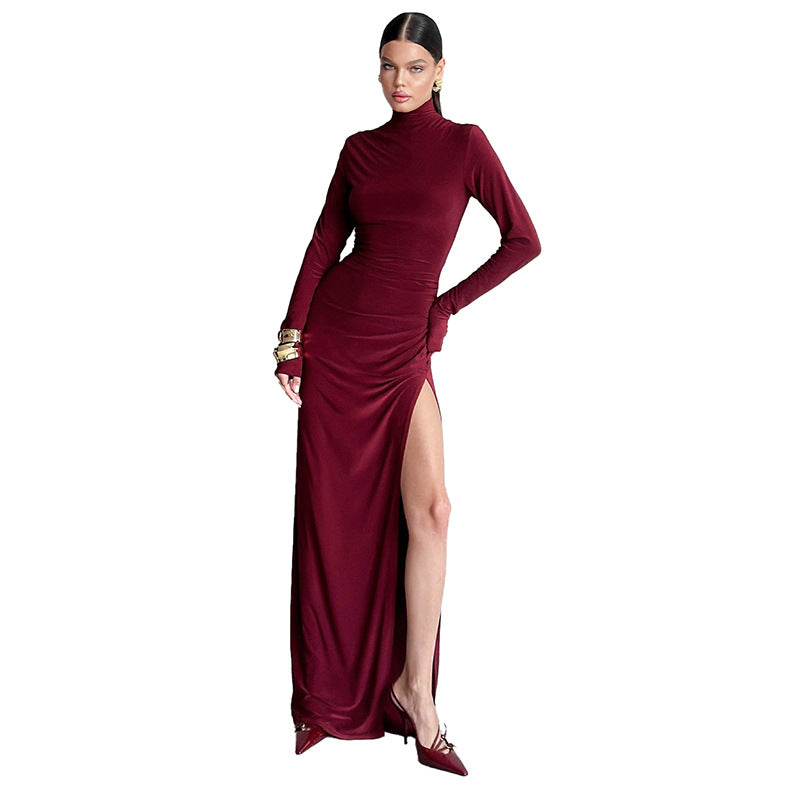 qgtao old money outfits men Women's Autumn Elegant Turtleneck Long Sleeve Slim High Waist Pleated Slit Length Dress