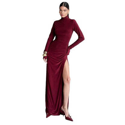 qgtao old money outfits men Women's Autumn Elegant Turtleneck Long Sleeve Slim High Waist Pleated Slit Length Dress