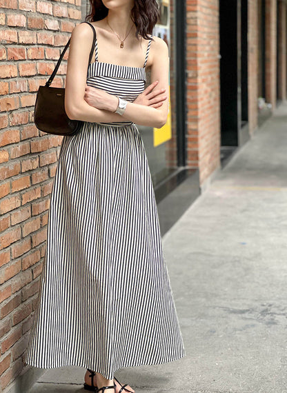 2025 popular summer new dress women's black and white striped temperament waist thin tube top sleeveless long dress 1601